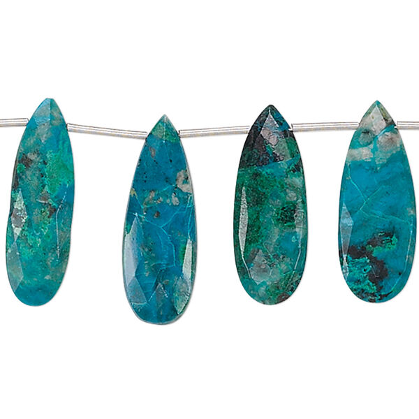 Bead, chrysocolla (stabilized), 20x8mm-27x10mm graduated hand-cut top-drilled faceted flat teardrop, B grade, Mohs hardness 2 to 4. Sold per 16-piece set. image number 0