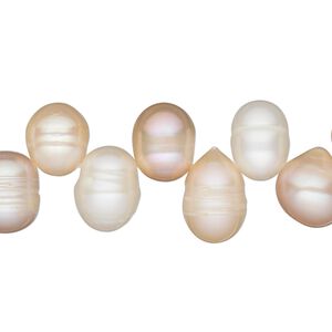 Pearl, cultured freshwater, white / peach / mauve, 13x8mm-13x10mm top-drilled rice, D grade, Mohs hardness 2-1/2 to 4. Sold per 16-inch strand.