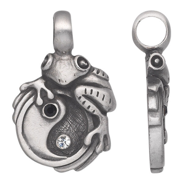 Pendant, Powerful Pewter Pendants, antiqued pewter (tin-based alloy) and glass rhinestone, clear and black, 39x26mm single-sided frog on yin-yang. Sold individually. image number 0