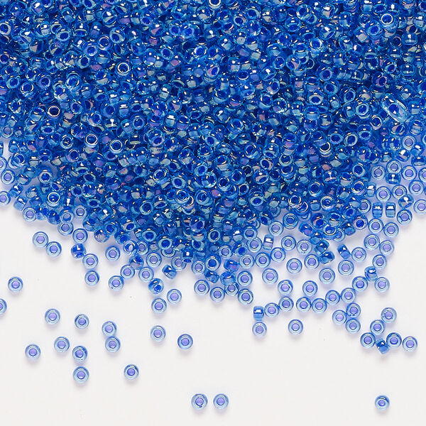 Seed bead, Miyuki, glass, pkg/250g, #15 rocaille, translucent cobalt-lined rainbow sapphire (RR-353). image number 0
