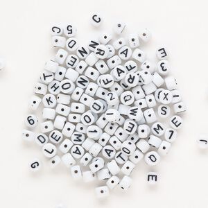Bead mix, plastic, opaque white and black, 6mm oval with alphabet letters. Sold per pkg of 140.