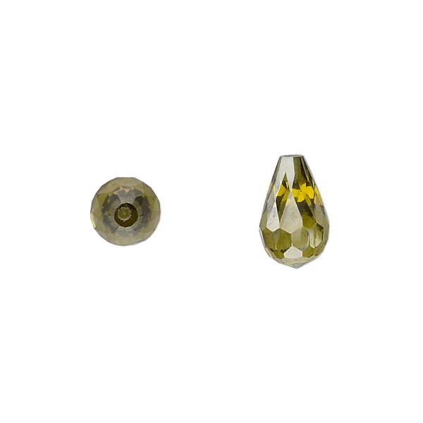 Bead, cubic zirconia, olive green, 12x7mm half-drilled faceted teardrop, Mohs hardness 8-1/2. Sold individually. image number 0