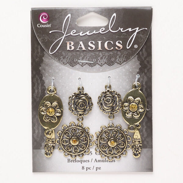 Link assortment, brass and acrylic, pkg/8, antique gold finish and amber, assorted sizes and shapes. image number 0