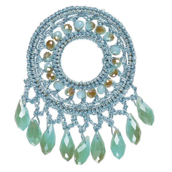 Focal, glass / nylon / steel, turquoise blue and copper, 58x56mm-64x62mm open round with fringe. Sold individually. image number 0