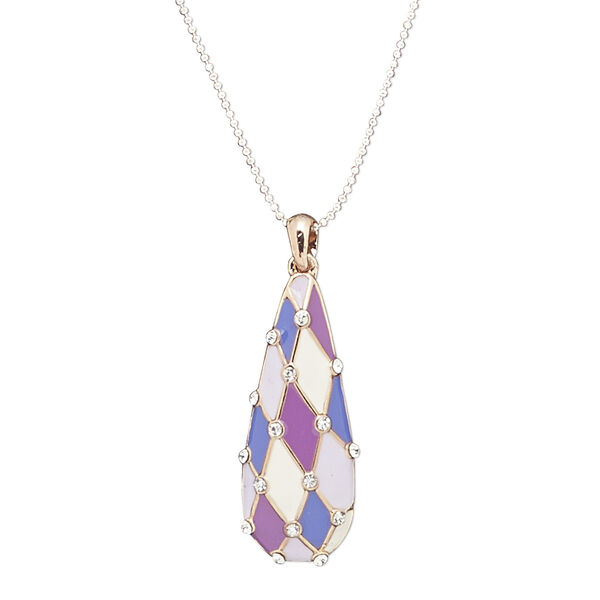 Necklace, glass rhinestone / enamel / rose gold-finished brass / steel "pewter" (zinc-based alloy), multicolored, 45x17mm teardrop, 24 inches with 2-inch extender chain and lobster claw clasp. Sold individually. image number 0