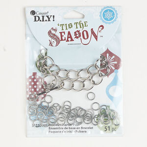 Bracelet kit 1pkg51, silver-finished brass and steel, 8 inch 8.3mm curb chain and 6mm jump rings.