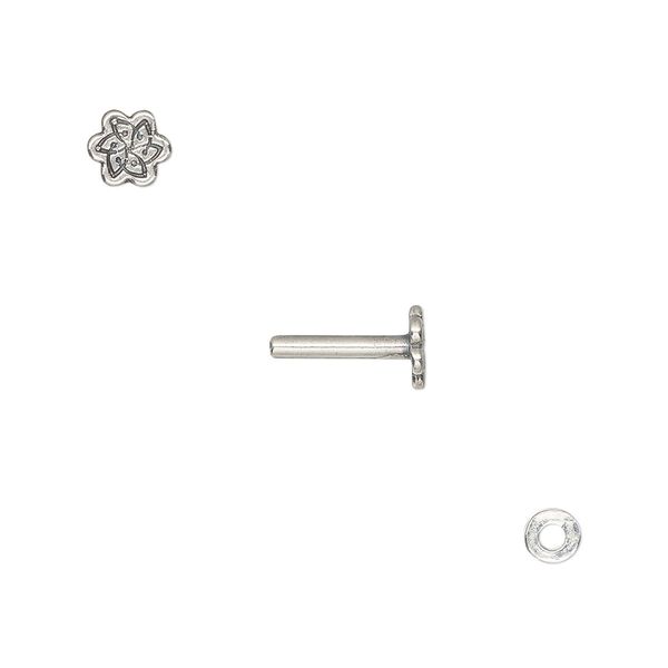 Washer and brad, antique silver-plated brass, 4x0.7mm and 11x6mm with 6x5.5mm fancy flower and 1.5mm post diameter. Sold per pkg of (2) 2-piece sets. image number 0