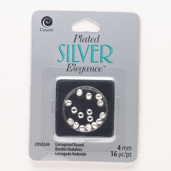 Bead, "pewter" (zinc-based alloy), pkg/16, 4mm corrugated round, silver finish. image number 0