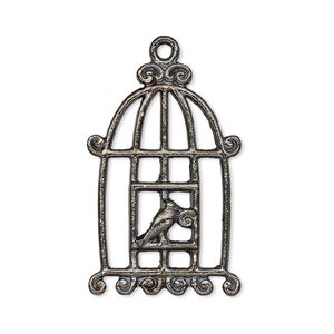 Focal, gunmetal-finished "pewter" (zinc-based alloy), 30.5x20mm single-sided bird in cage. Sold per pkg of 4.