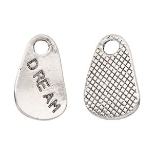 Drop, antique silver-finished "pewter" (zinc-based alloy), 25x17mm two-sided flat freeform with "DREAM" and textured design. Sold per pkg of 2.