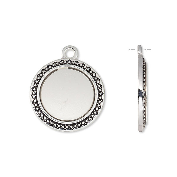 Drop, antique silver-finished "pewter" (zinc-based alloy), 19mm round with beaded and triangle edge with 14mm round setting. Sold per pkg of 6. image number 0