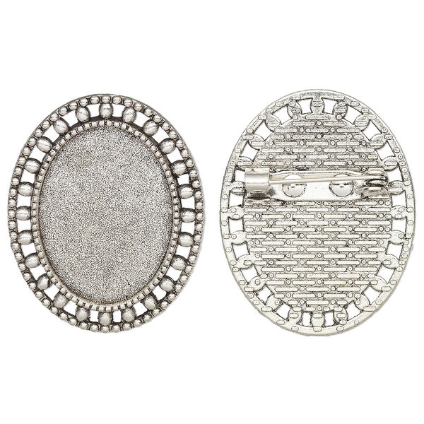 Brooch back, glue-in, antique silver-finished "pewter" (zinc-based alloy), 33x26.5mm single-sided oval with beaded edge with 25x18mm oval setting. Sold per pkg of 2. image number 0