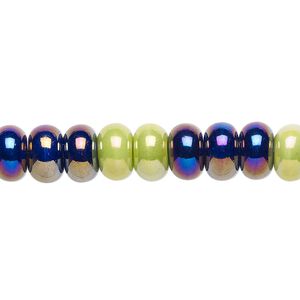 Bead, porcelain, opaque blue and green AB, 8x5mm-8.5x5mm rondelle. Sold per 8-inch strand, approximately 40 beads.