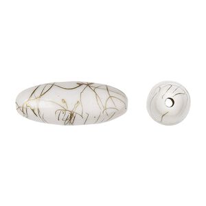 Bead, acrylic, white and gold, 32x12mm oval with swirls. Sold per pkg of 30.