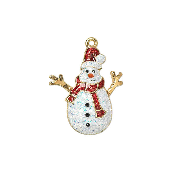 Charm, enamel and gold-finished "pewter" (zinc-based alloy), multicolored with glitter, 22.5x19mm single-sided snowman. Sold individually. image number 0