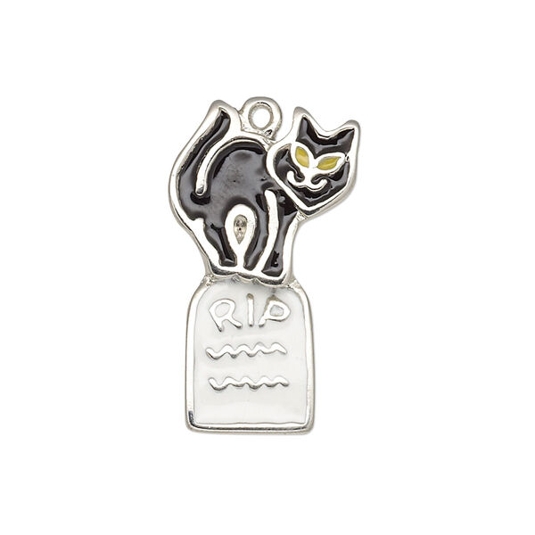 Charm, enamel and silver-plated "pewter" (zinc-based alloy), black / white / yellow, 28x16mm single-sided cat on tombstone. Sold individually. image number 0