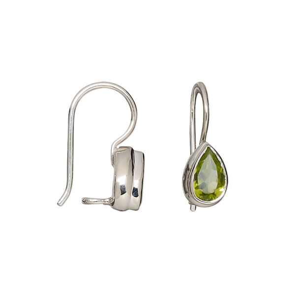 Earring, peridot (natural) and sterling silver, 17mm with 9x6mm faceted pear and fishhook ear wire with safety. Sold per pair. image number 0