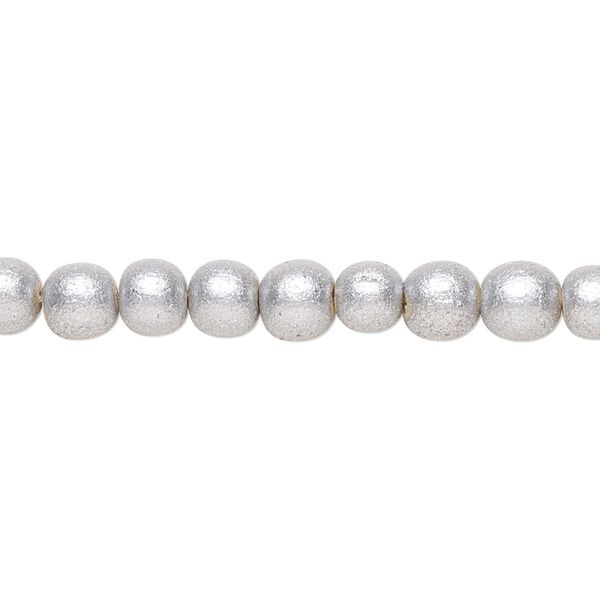 Bead, painted Taiwanese cheesewood (coated), metallic silver, 5-6mm round. Sold per pkg of (2) 15-1/2" to 16" strands. image number 0