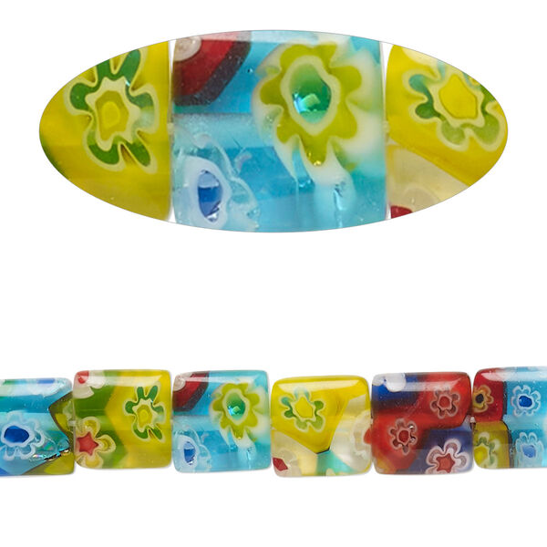 Bead, millefiori glass, opaque and translucent multicolored, 7mm-9x8mm puffed square with flower design. Sold per 14-inch strand, approximately 50 beads. image number 0