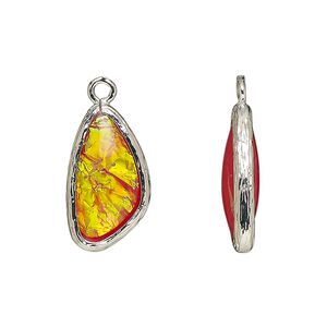 Drop, Opalized Ice™, "opal" (resin) and imitation rhodium-finished brass, opaque orange, 19.5x11mm double-sided wing. Sold per pkg of 4.