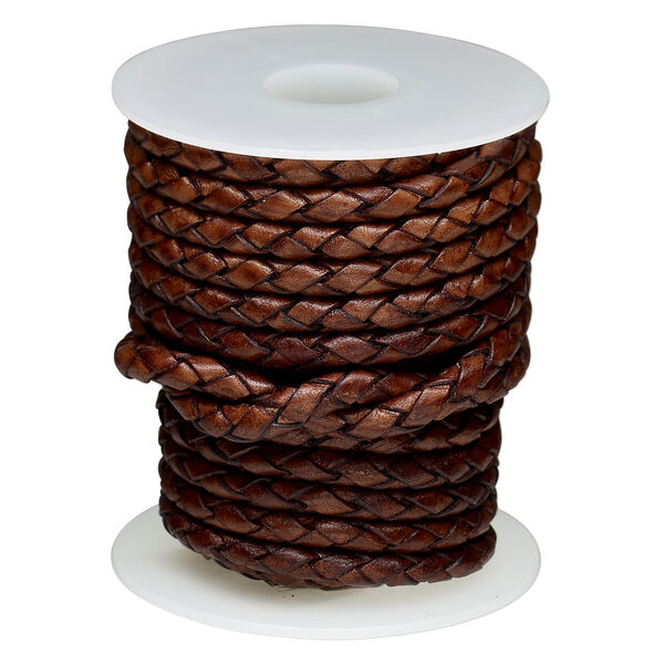 Cord, leather (dyed) 1pkg5yd, antique wood brown, 4mm braided round, per spool. image number 0