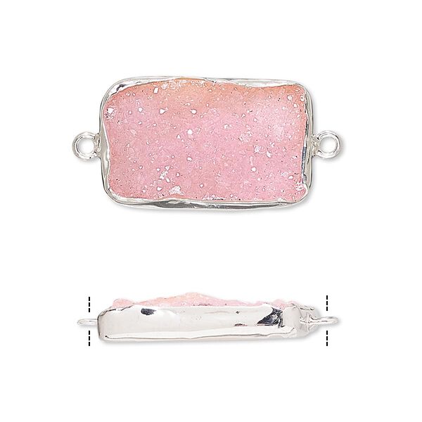 Link, druzy agate (dyed) and sterling silver, pink, 22x13mm single-sided rectangle. Sold per pkg of 2. image number 0