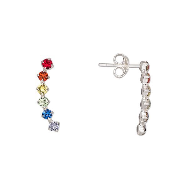Earstud, Create Compliments®, sterling silver and glass rhinestone, rainbow, 17x5mm left- and right-facing curve. Sold per pair. image number 0