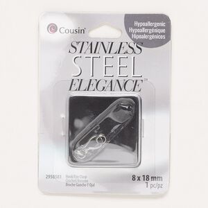 Clasp, hook-and-eye, stainless steel, 18x8mm. Sold individually.