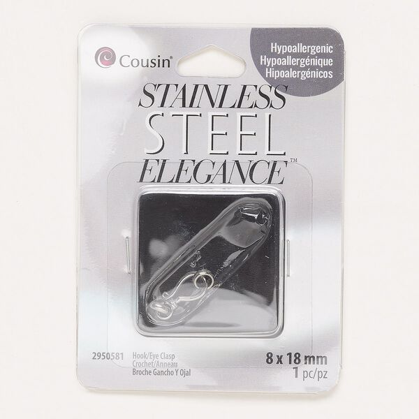 Clasp, hook-and-eye, stainless steel, 18x8mm. Sold individually. image number 0
