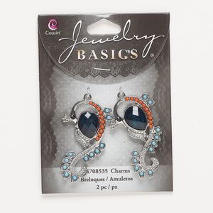 Focal, silver-finished "pewter" (zinc-based alloy) / acrylic / glass, dark blue / orange / blue / black, 44.5x27.5mm single-sided peacock. Sold per pkg of 2.