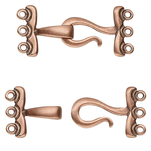 Clasp, JBB Findings, 3-strand hook-and-eye, antique copper-plated brass, 28x15mm. Sold individually. image number 0