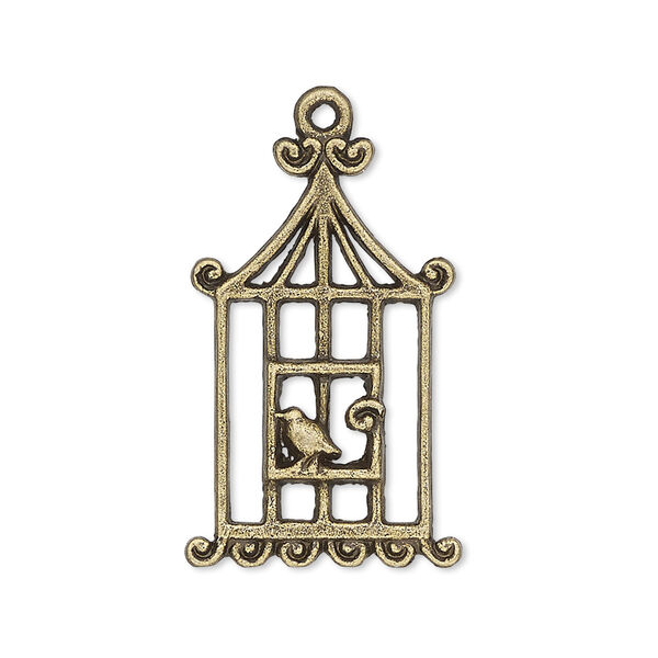 Charm, antiqued brass-finished "pewter" (zinc-based alloy), 29x19mm single-sided birdcage with bird. Sold per pkg of 4. image number 0