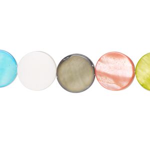 Bead, mother-of-pearl shell (dyed), mixed colors, 11-12mm flat round with 0.8-1mm hole, Mohs hardness 3-1/2. Sold per 15-inch strand.