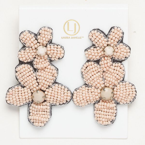 Earring 1pkg2 acrylic / gold-finished brass and stainless steel, pink and black, 2-1/2 inches with beaded flowers with earstud, 1 pair. image number 0