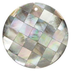 Focal, black lip shell and resin (assembled) 1pkg1, 39-40mm top-drilled 1sided flat round with checkerboard pattern.