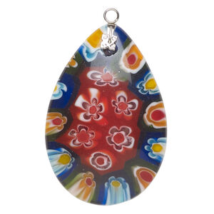 Focal 1pkg1 millefiori glass and silver-finished steel, translucent multicolored, 46x30mm-48x32mm puffed teardrop.