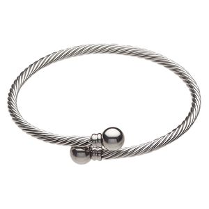 Bracelet, bangle, stainless steel, 3.5mm twisted cable, 7 inches with 8mm twist-off ball ends. Sold individually.
