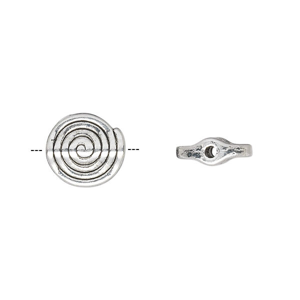 Bead, antique silver-plated "pewter" (zinc-based alloy), 11mm flat round spiral. Sold per pkg of 50. image number 0