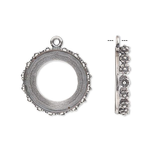 Drop, JBB Findings, antique silver-plated brass, 20mm round with open back and flower design trim, 18mm round bezel setting. Sold per pkg of 2. image number 0