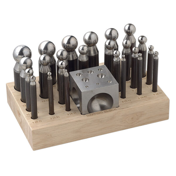 Dapping block, steel and wood, 2x2-inch block with (24) doming punches. Sold per 25-piece set. image number 0