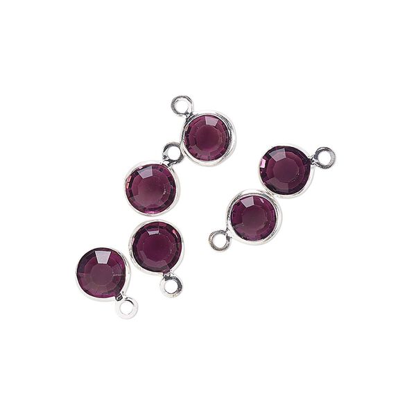 Drop, glass rhinestone and silver-finished brass, amethyst purple, 6-6.5mm faceted round. Sold per pkg of 6. image number 0