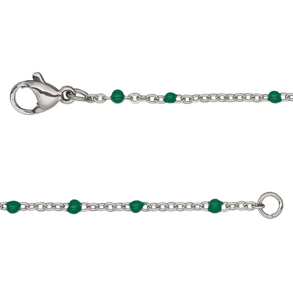 Chain, stainless steel and enamel, green, 1.7mm flat cable with 2mm ball, 20 inches with lobster claw clasp. Sold individually. image number 0