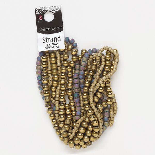 Bead, glass, opaque stardust rainbow / gold / light gold, 3x2mm-7x5mm mixed shapes. Sold per pkg of (5) 15-inch strands. image number 0