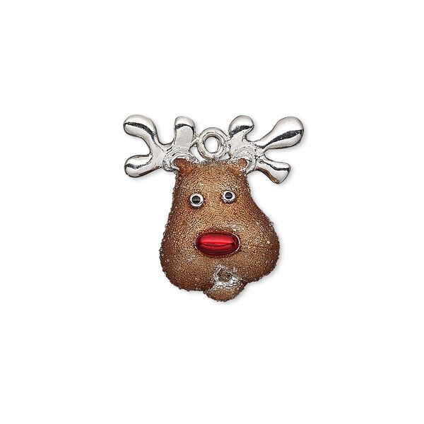 Charm, enamel and imitation rhodium-plated "pewter" (zinc-based alloy), brown / red / black, 20x19mm single-sided reindeer head. Sold individually. image number 0