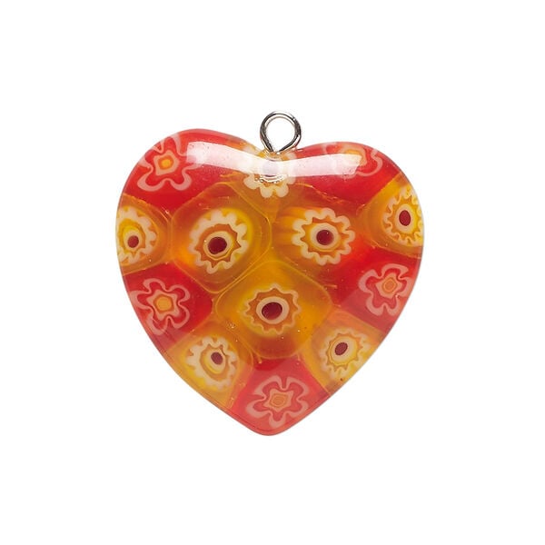 Drop, millefiori glass and silver-finished steel 1pkg1, translucent red and multicolored, 24-26mm puffed heart. image number 0