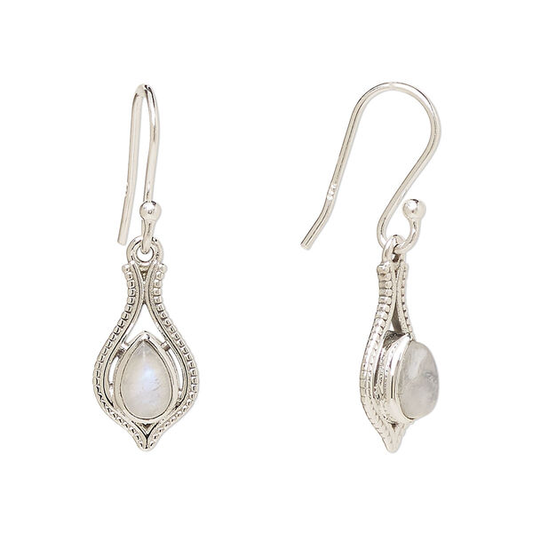 Ear wire, Create Compliments®, antiqued sterling silver and rainbow moonstone (natural), fishhook, 29.5mm with 15x9mm single-sided open beaded teardrop, 21 gauge. Sold per pair. image number 0