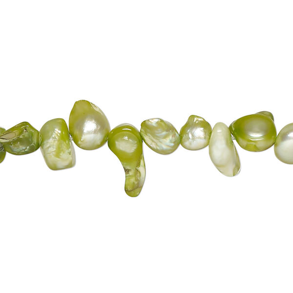 Pearl, cultured freshwater (dyed), yellow-green, 5x4mm-16x8mm baroque with 0.4mm hole, D grade, Mohs hardness 2-1/2 to 4. Sold per 15-inch strand. image number 0