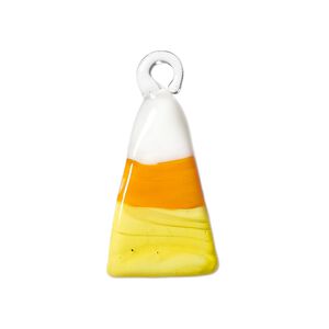 Drop, lampworked glass, white / orange / yellow, 25x15mm candy corn. Sold individually.
