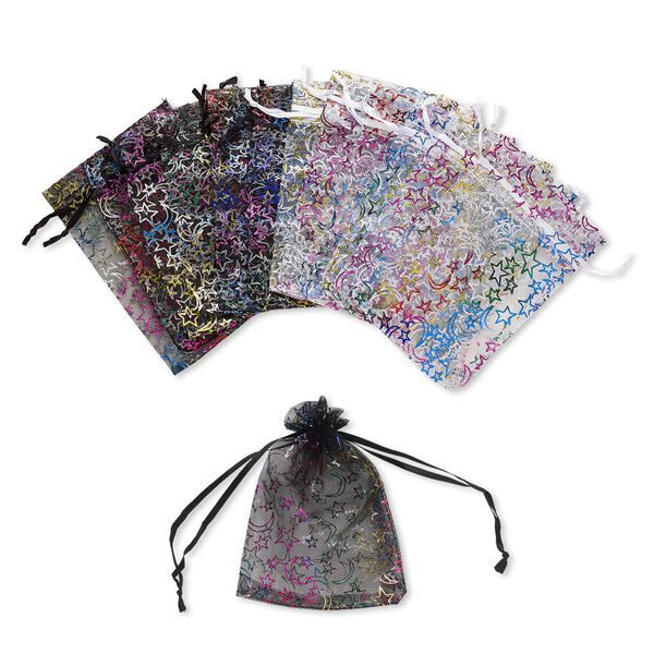 Pouch, organza, black / white / multicolored, 5-1/2 x 4 inches with moon and star pattern with drawstring. Sold per pkg of 12. image number 0