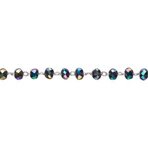 Chain 1pkg1 beaded, 3.5mm faceted rondelle, rainbow glass / stainless steel 1 yard unfinished